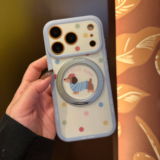 カラフルドット 水玉 ミニチュアダックス 360度回転 リングスタンド付き iPhoneケース #231209
