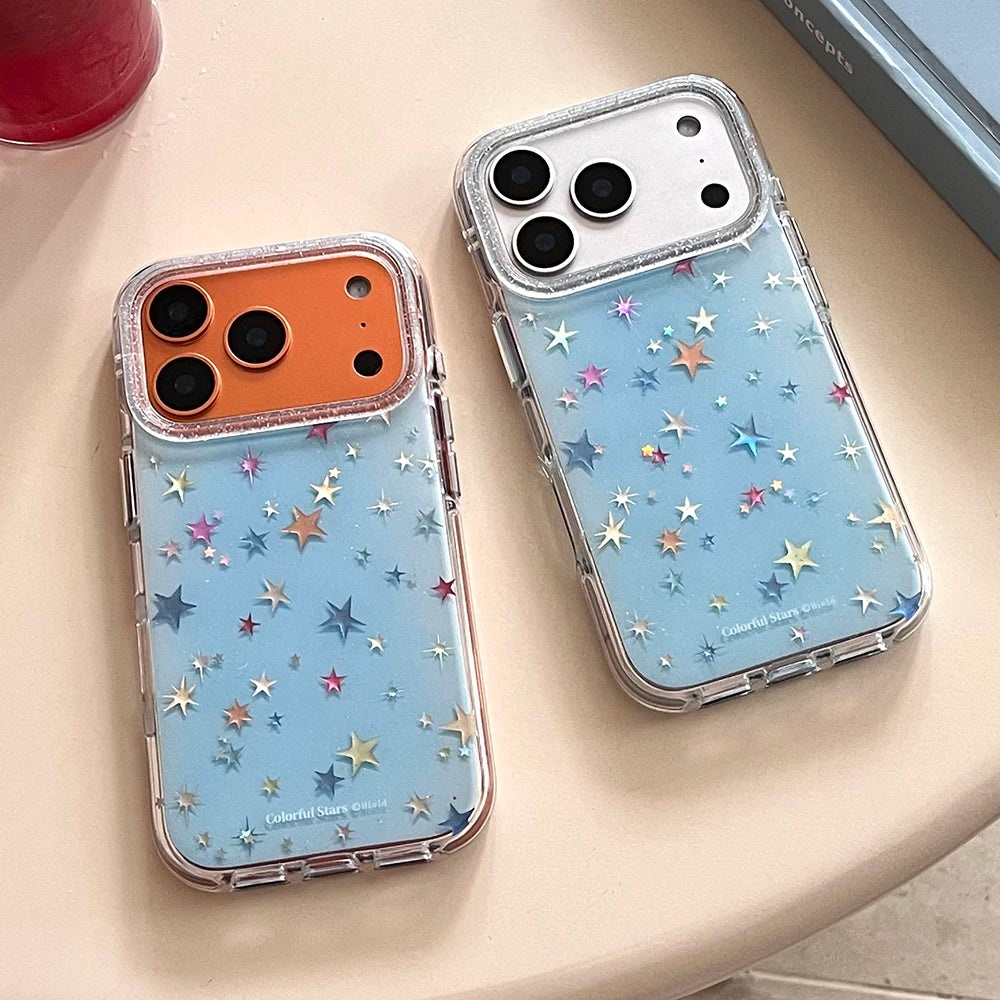 スマホケース 水色×星柄 柔らか素材 カラフルスター】ブルースカイ×ホログラムスター クリアスマホケース