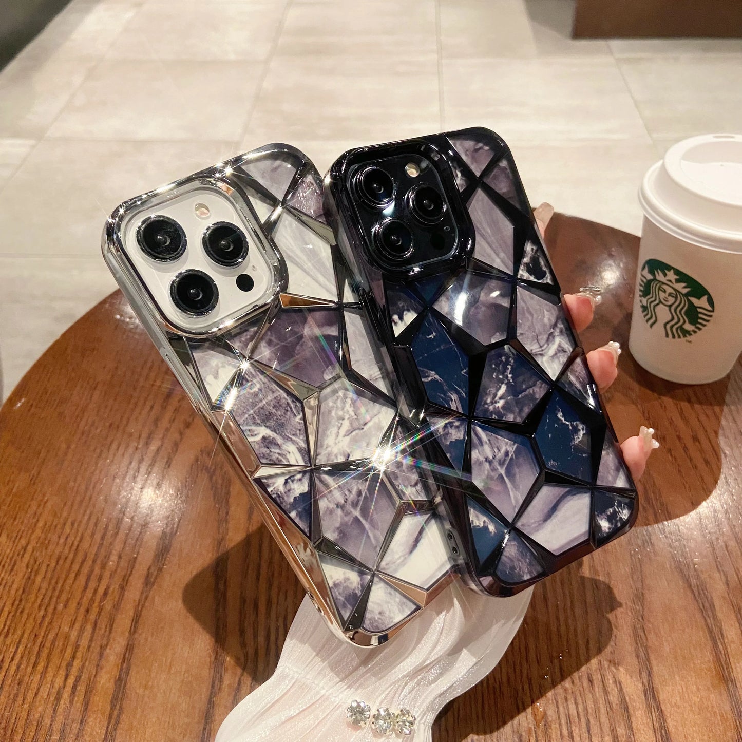 【ジェムカットアート】立体ジオメトリック × マーブルパネルデザイン スマホケース|iPhone対応 #250603