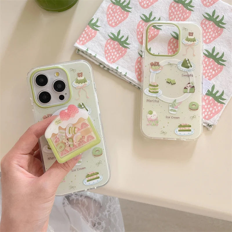 【抹茶×いちごケーキ】ホルダー付き スイーツ スマホケース|iPhone対応 #250725