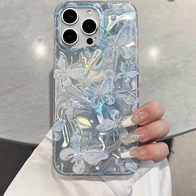 【ホログラムバタフライチャーム】3Dバタフライ×きらきらチャーム スマホケース|iPhone対応 #250608