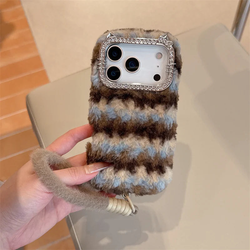 【もこもこチェック】ふわふわ マルチカラー × ストラップ付きケース|iPhone対応 #240909