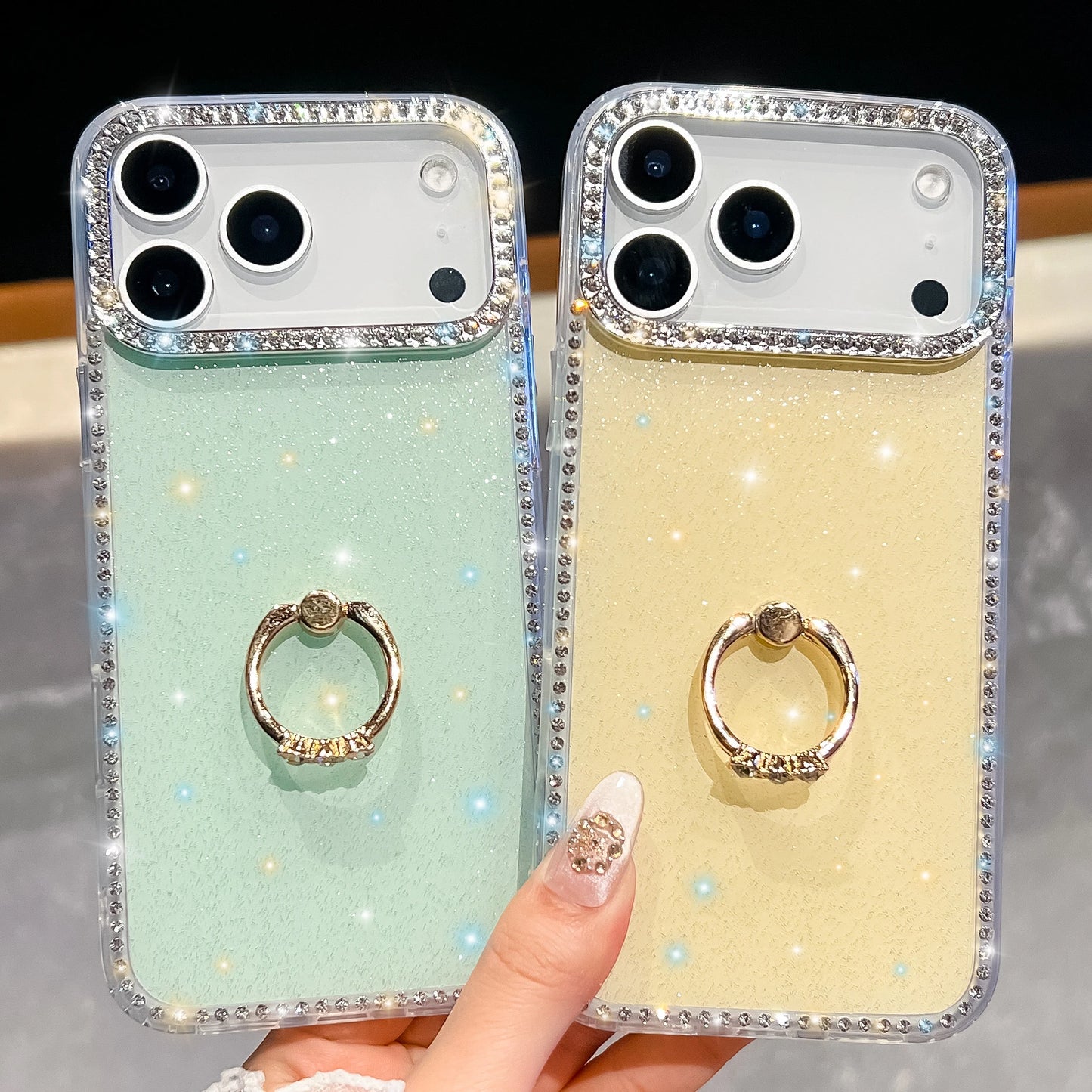 【グリッターシリーズ】輝くホログラムスター キラキラストーン付き リング付きスマホケース|iPhone対応 #251010