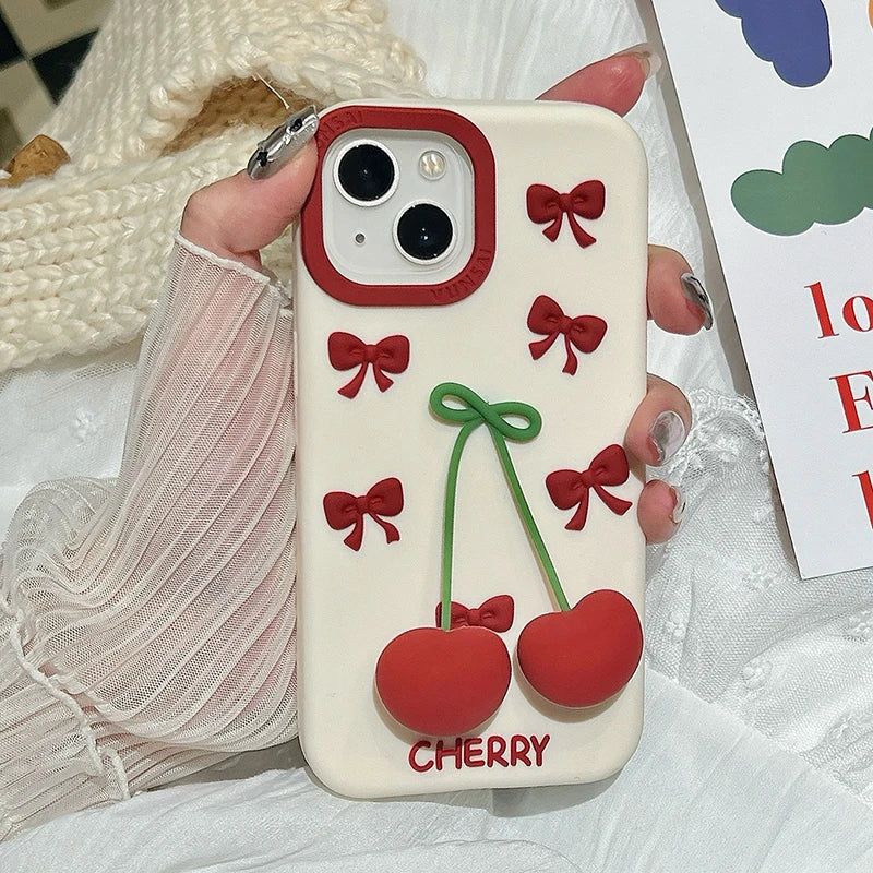 【フルーツシリーズ】立体さくらんぼ&リボンデザイン スマホケース|iPhone対応 #250827