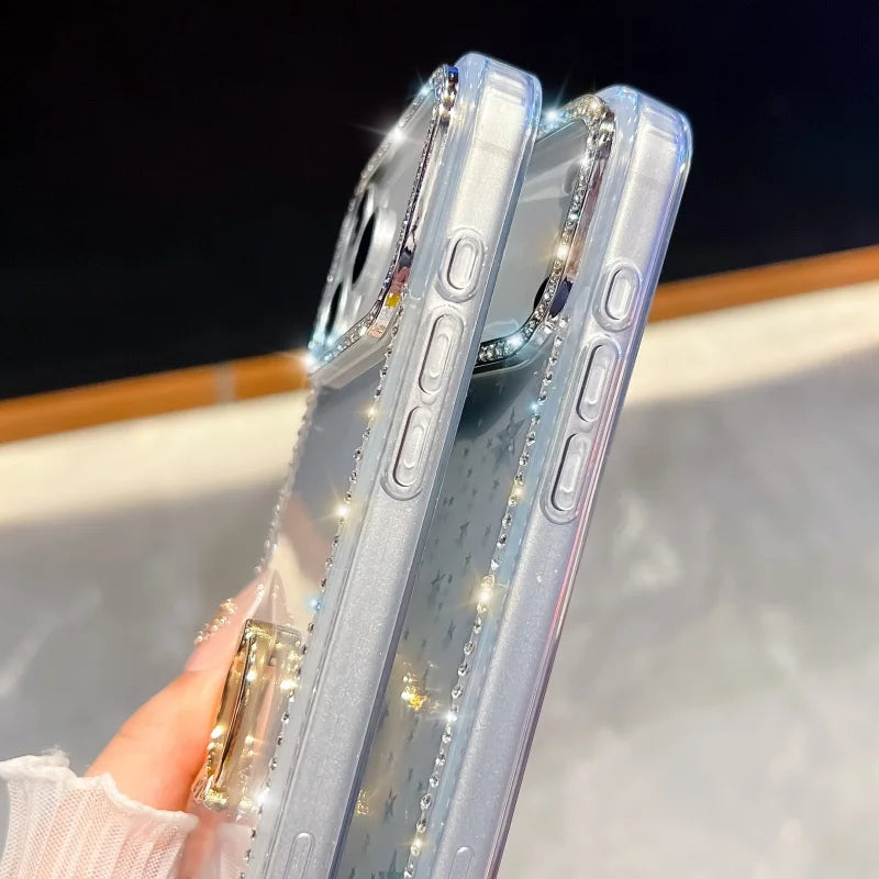 【グリッターシリーズ】輝くホログラムスター キラキラストーン付き リング付きスマホケース|iPhone対応 #251010