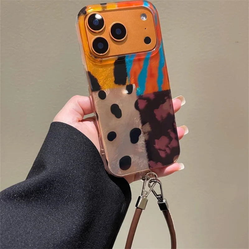 【アートペイントストラップ】マーブルカラー×レザーストラップ スマホケース|iPhone対応 #250206