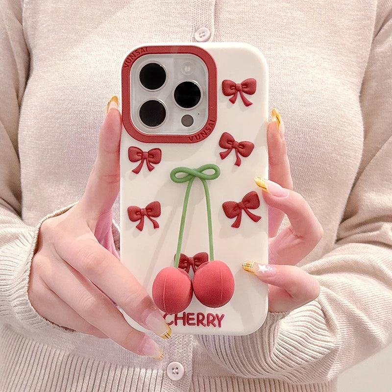 【フルーツシリーズ】立体さくらんぼ&リボンデザイン スマホケース|iPhone対応 #250827