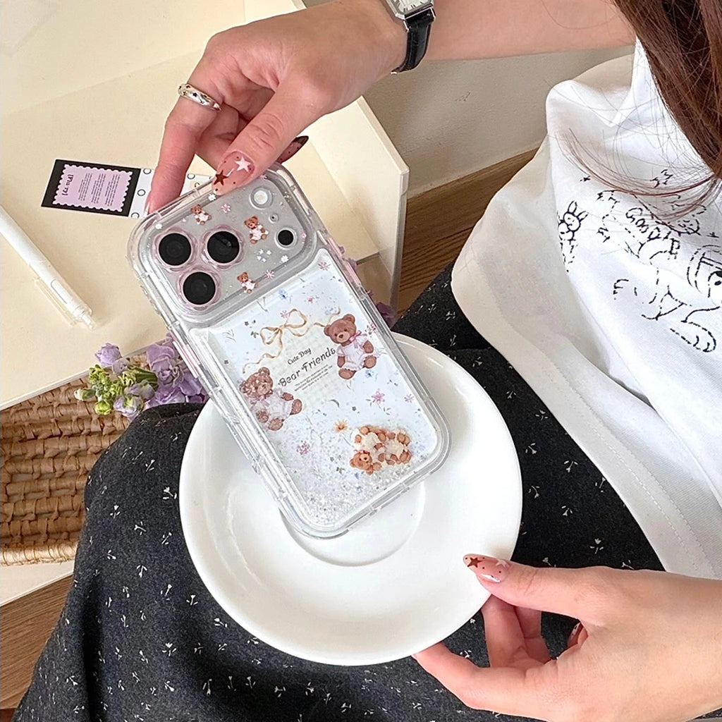 くま フラワー 流れるラメ iPhoneケース|透明感クリア・ゆめかわデザイン #260040