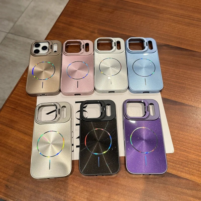 【Magsafe対応】メタリックリングシールド × レインボー光沢 スマホケース|iPhone対応 #250314