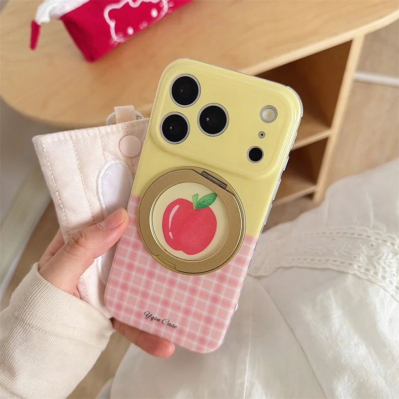 フルーツモチーフ チェック柄 グリップ付き iPhoneケース|ポップ・ガーリー #260100