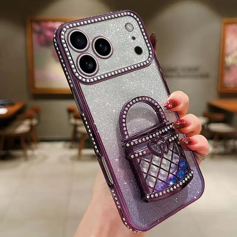 【バッググリッター】3Dバッグ モチーフ付き グラデーション ラメ スマホケース|iPhone対応 #250301