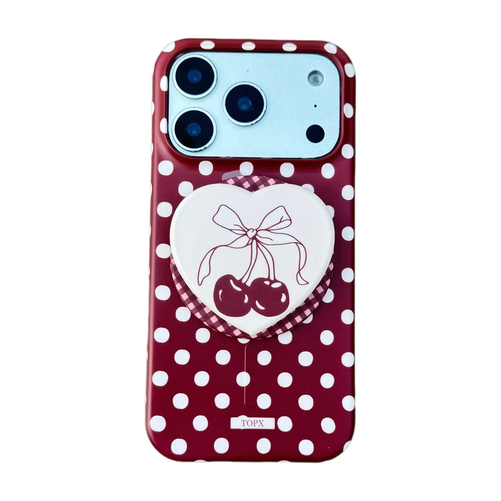 チェリーハート グリップ付き ドット 水玉 デザイン iPhoneケース #240513