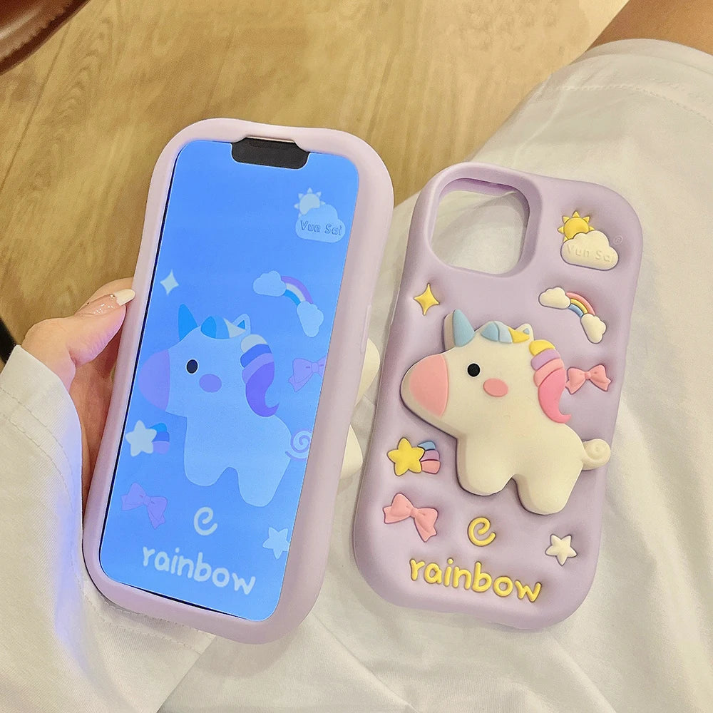 【アニマルシリーズ】立体レインボーユニコーン かわいい3Dデザイン スマホケース|iPhone対応 #251006