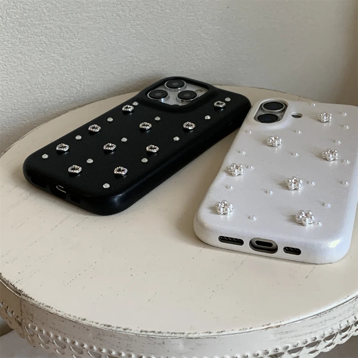 【立体パールフラワー】ジュエリー ハート スマホケース|iPhone対応 #250808