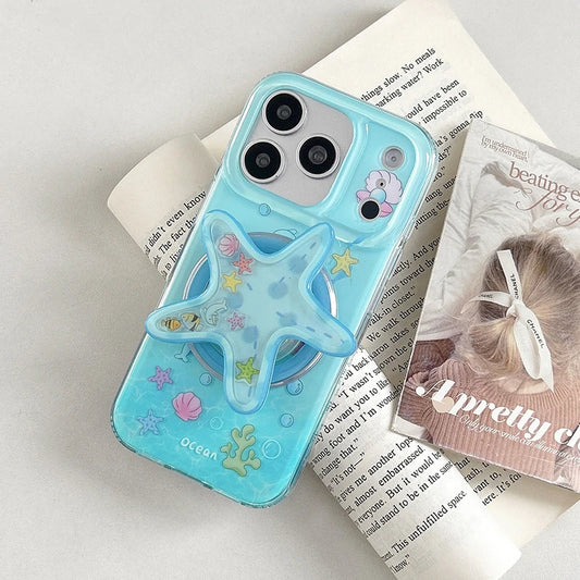 海の生きもの オーシャンモチーフ ヒトデ 立体グリップ付き マリン iPhoneケース|Magnet内蔵 #231127