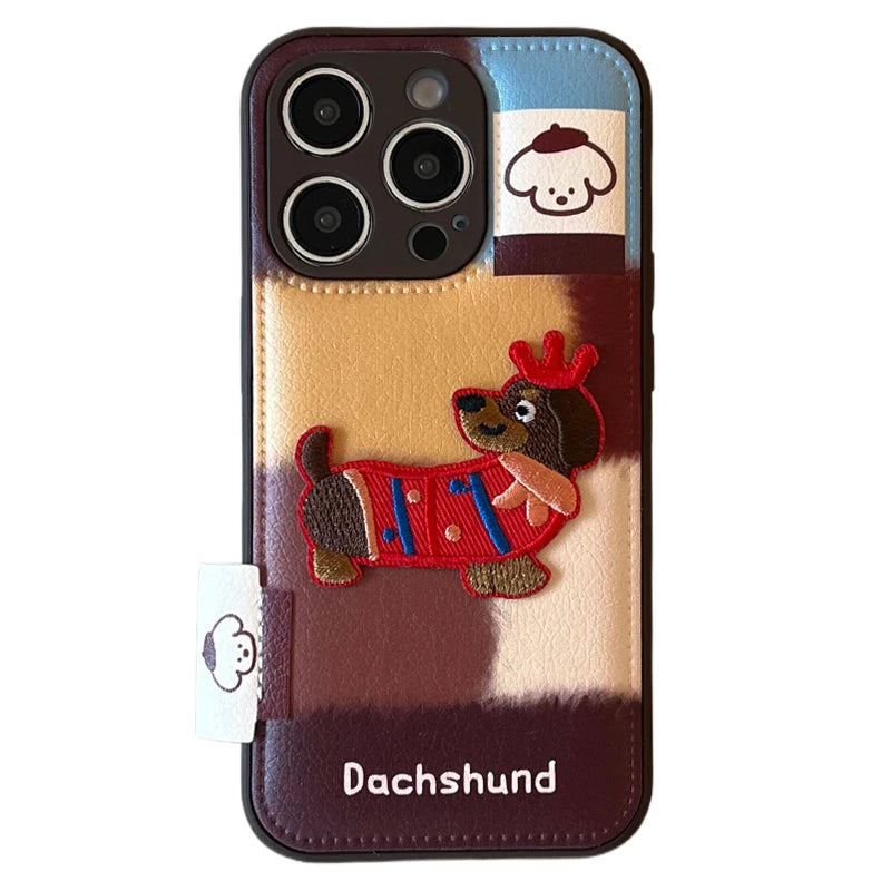 【チェックダックス】刺繍わんこ × レトロチェック エンボス スマホケース|iPhone対応 #250210