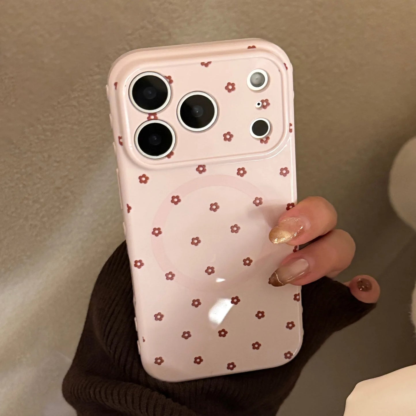 【マグネット式折りたたみハートスタンド付き】リボン × プチフラワー 小花 ハートスタンドスマホケース|iPhone対応 #240628