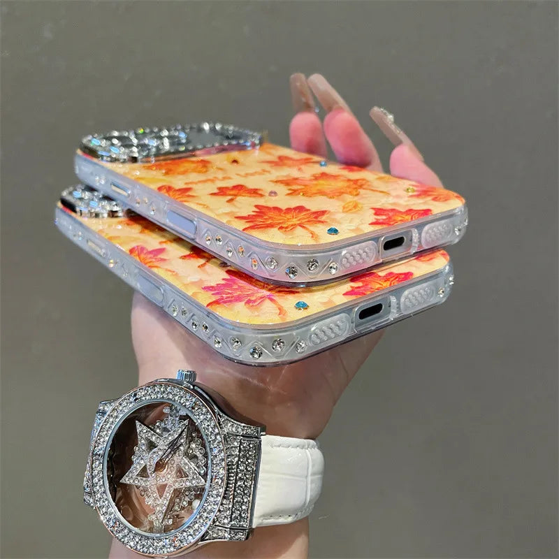 【メイプルリーフ】紅葉 クリア × ラメ オレンジ レンズ周りジュエリー ケース|iPhone対応 #240917