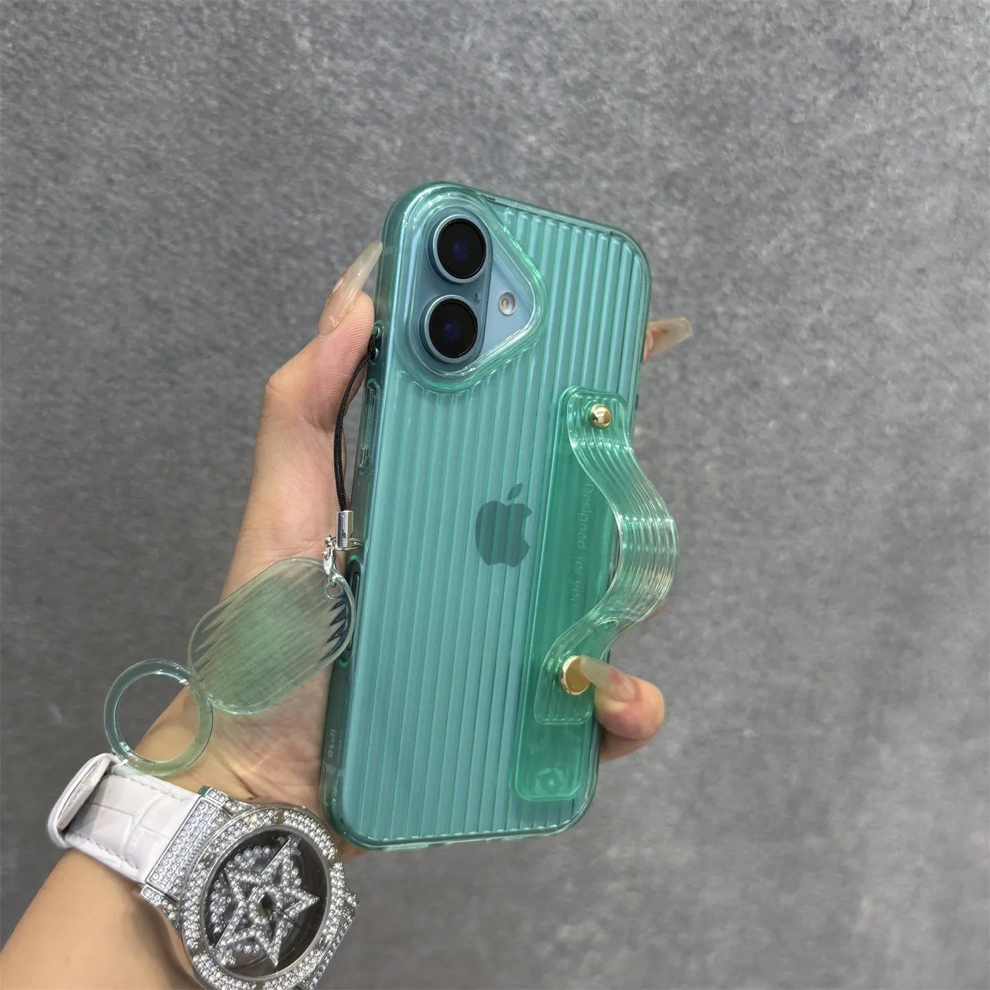 【ネオンシリーズ】イエローライン ハンドル付き 半透明 クリアスマホケース|iPhone対応 #251013