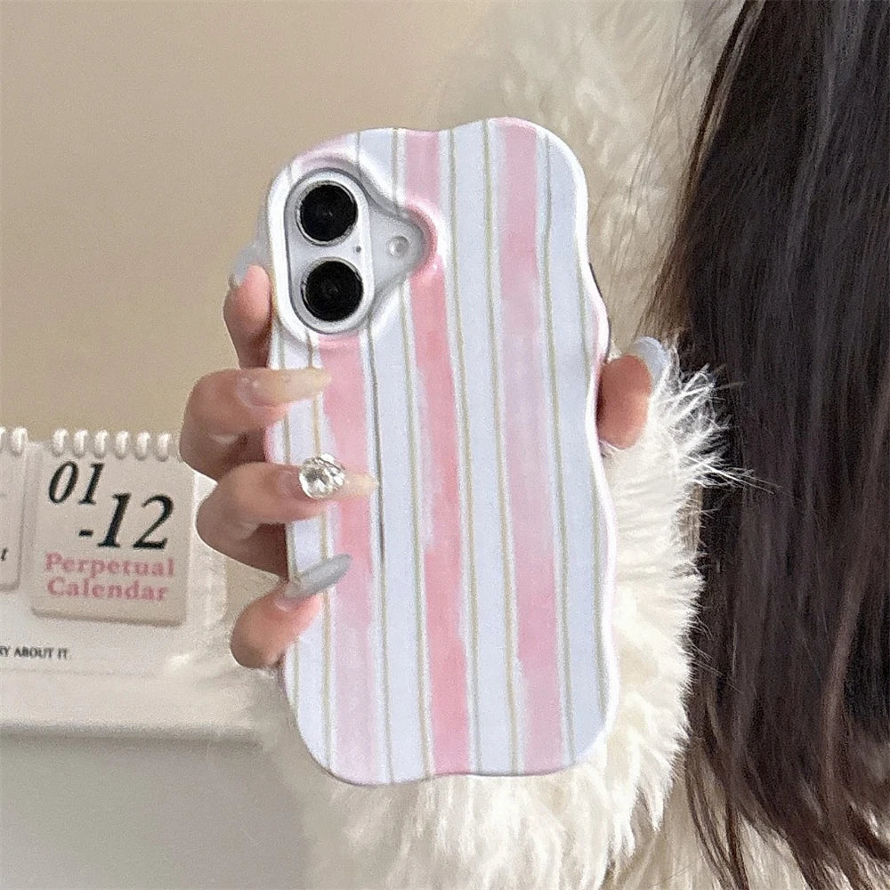 【ウェーブシリーズ】水彩風ストライプ 立体ぷっくりデザイン ウェーブフレーム スマホケース|iPhone対応 #250905