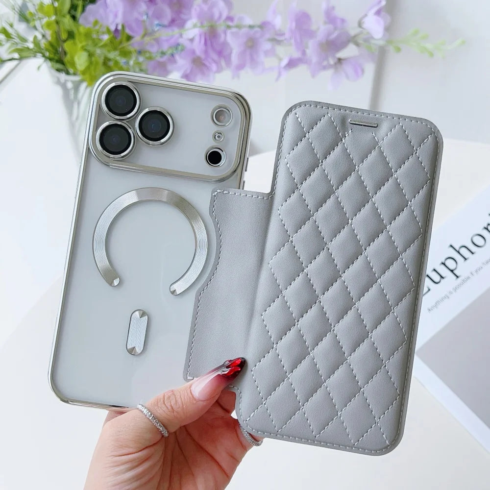 キルティング レザー調 手帳型 iPhoneケース|クリアケース・マグネット内蔵 #240305
