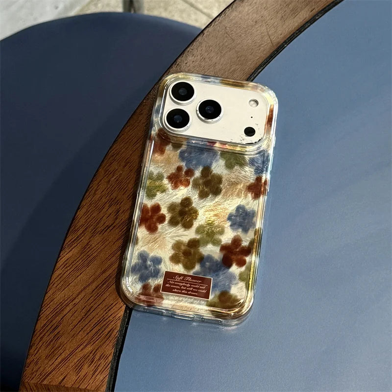 【フラワーパールスタンド】マーブル調×花柄 レザーチャーム付き スマホケース|iPhone対応 #250312