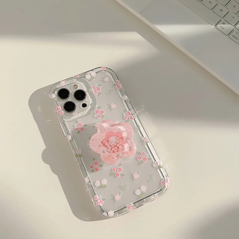 【クリアフラワーグリップ】立体フラワー付き 透明スマホケース|iPhone対応