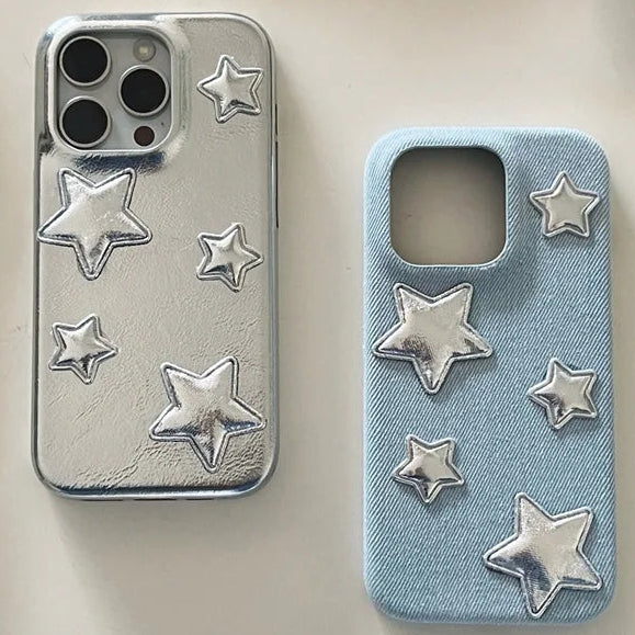 スターシルバー】メタリック 星柄 × デニムスマホケース｜iPhone対応