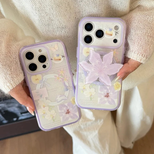 フラワーモチーフ パープル ゆり Magnet内蔵 立体グリップ付き iPhoneケース #231125