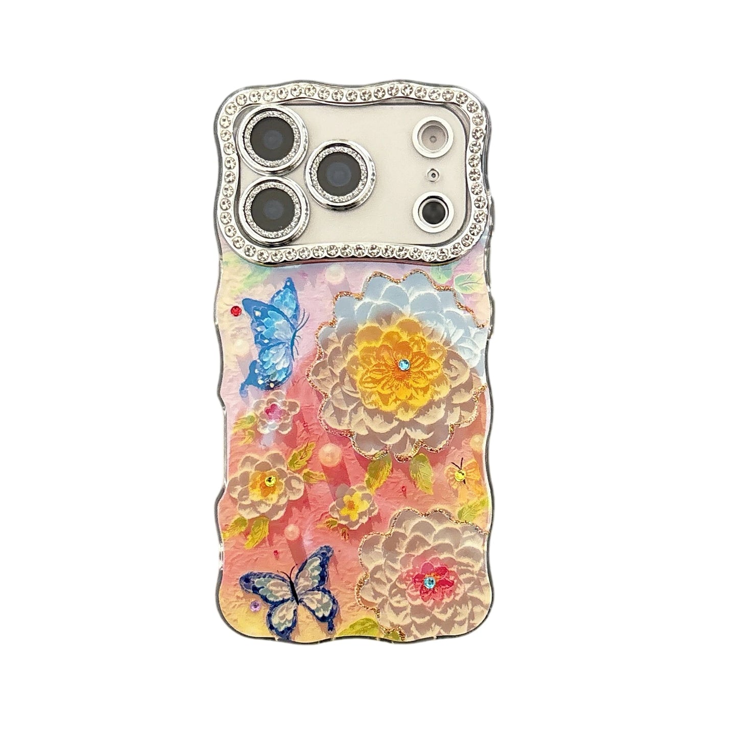バタフライ フラワーデコ iPhoneケース|ビジュー ウェーブフレーム 華やかデザイン #240321