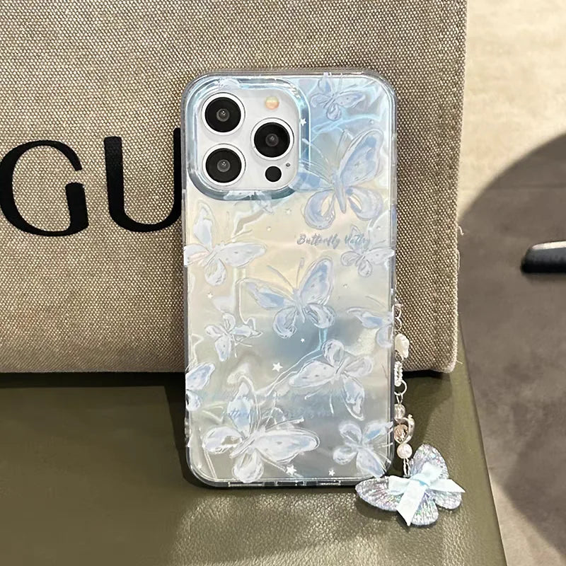 【ホログラムバタフライチャーム】3Dバタフライ×きらきらチャーム スマホケース|iPhone対応 #250608