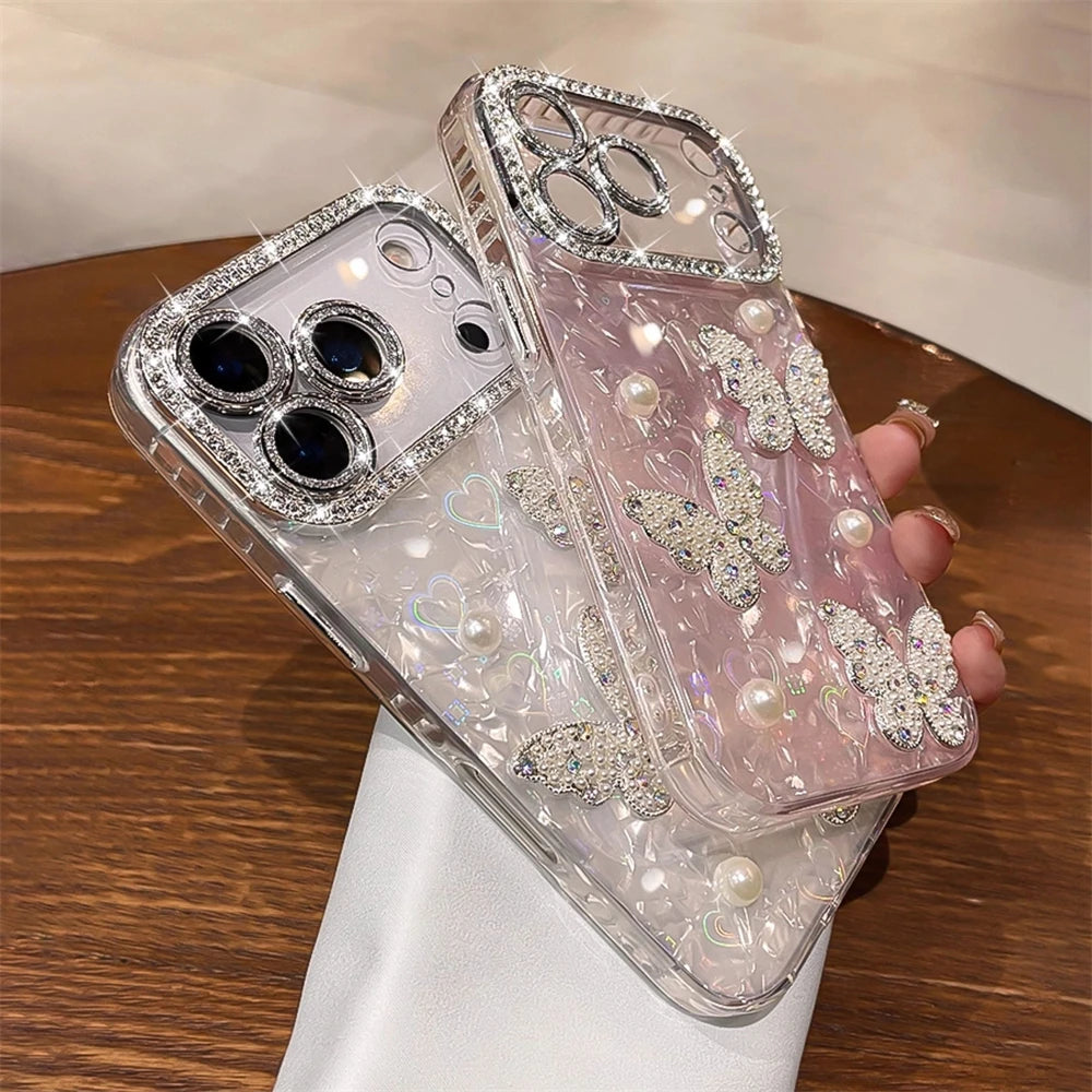 【ジュエリーバタフライ】キラキラ 蝶モチーフ×パール デコレーション スマホケース|iPhone対応 #250424