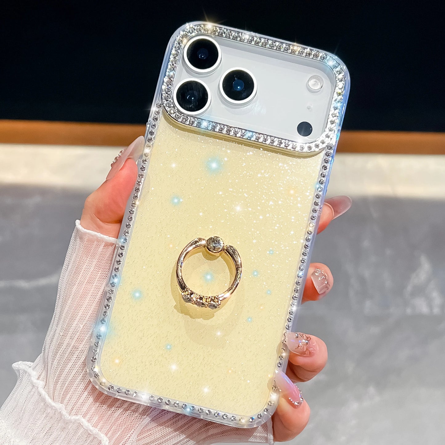 【グリッターシリーズ】輝くホログラムスター キラキラストーン付き リング付きスマホケース|iPhone対応 #251010