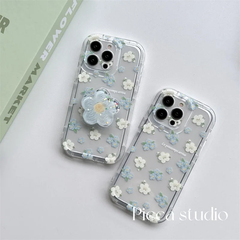 【クリアフラワーグリップ】立体フラワー付き 透明スマホケース|iPhone対応
