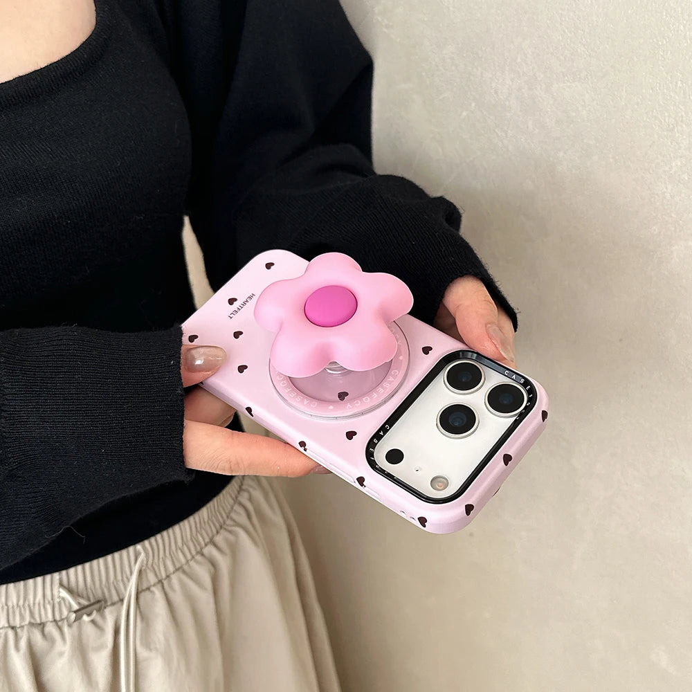 【フラワーハートグリップ】ハートドット×立体フラワーグリップ スマホケース|iPhone対応 #250330