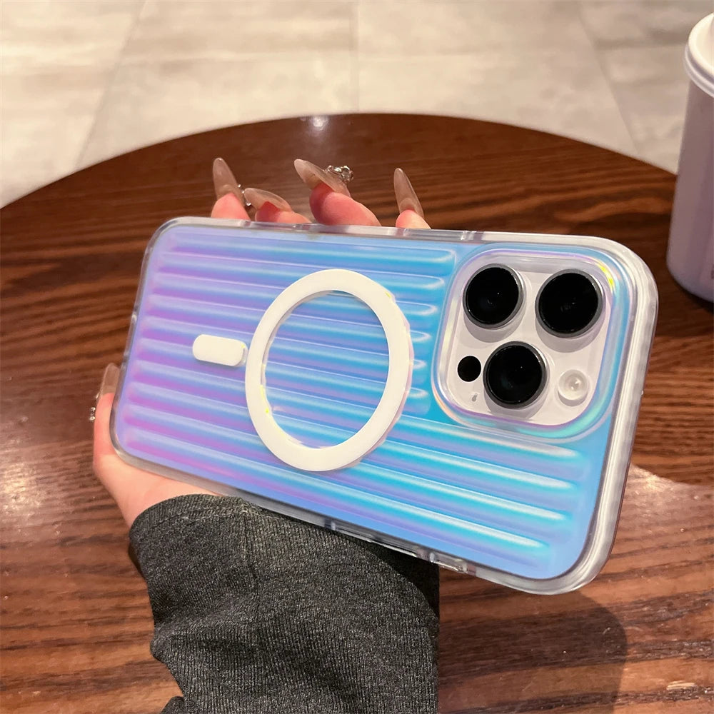 【ワイヤレス充電対応シリーズ】オーロラグラデーション 光沢リブ加工 スマホケース|iPhone対応 #250831