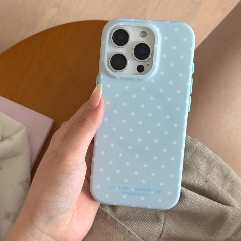 羽根つきスター ミラーグリップ 水玉×ブルー Magnet内蔵 iPhoneケース|淡色ゆめかわ・韓国っぽ #260017