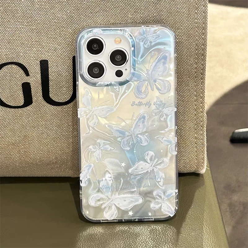 【ホログラムバタフライチャーム】3Dバタフライ×きらきらチャーム スマホケース|iPhone対応 #250608