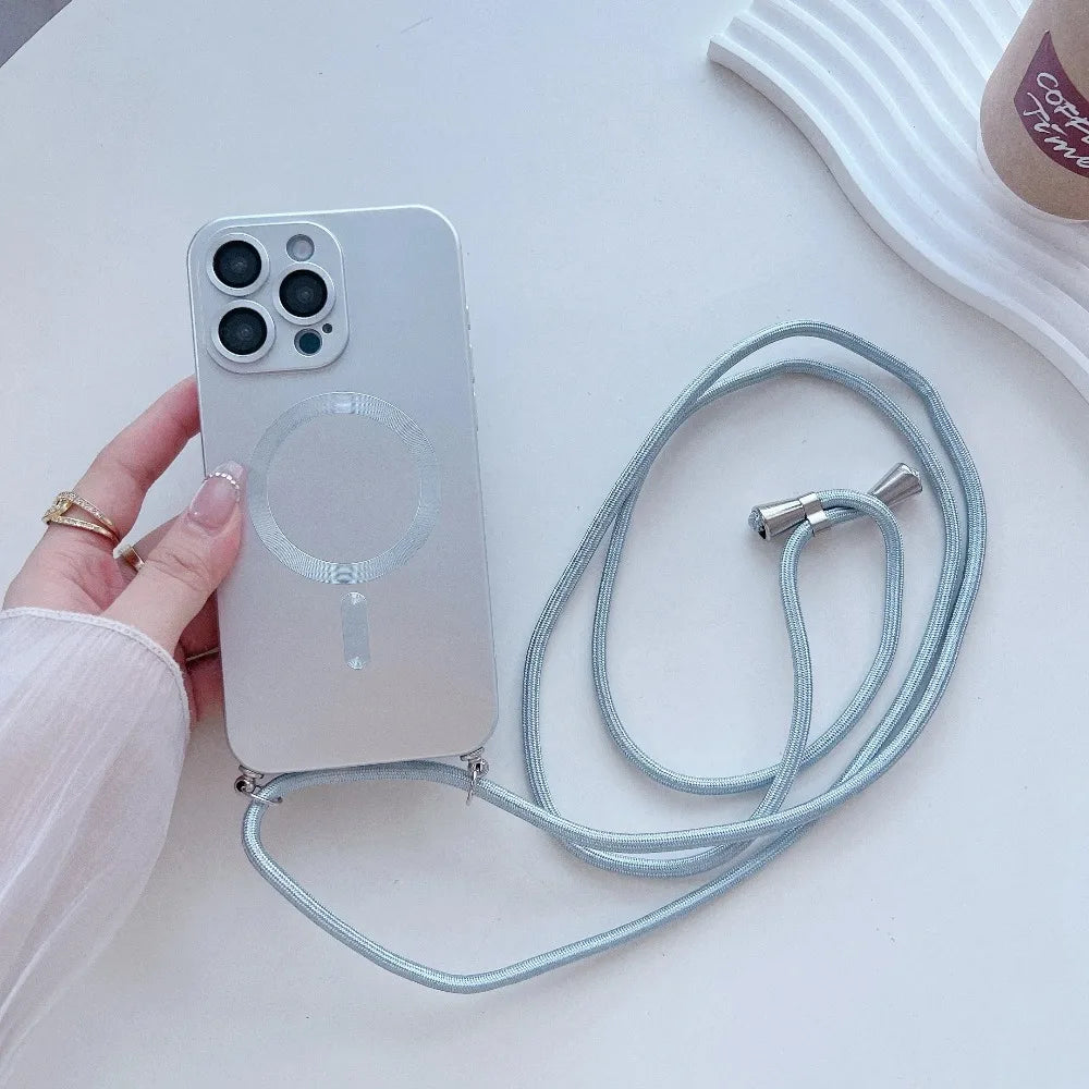 【ワイヤレス充電対応シリーズ】マットメタル ストラップ付きシンプルデザイン スマホケース|iPhone対応 #251106