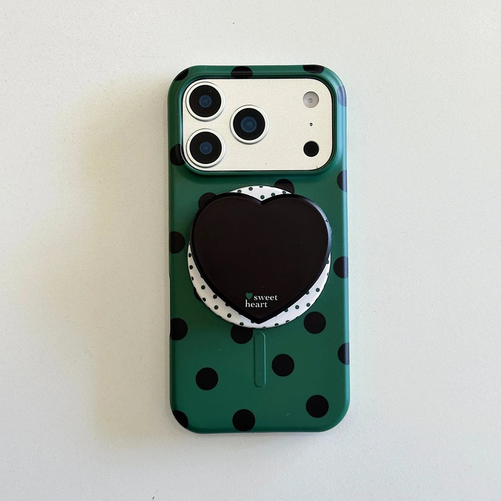 ハートグリップ ドット 水玉デザイン iPhoneケース|マグネット内蔵・韓国風 #231223