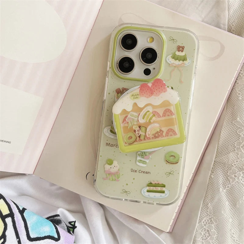 【抹茶×いちごケーキ】ホルダー付き スイーツ スマホケース|iPhone対応 #250725