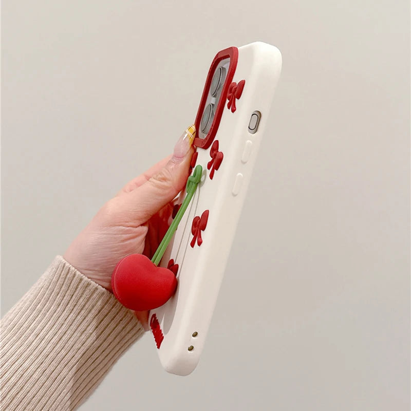【フルーツシリーズ】立体さくらんぼ&リボンデザイン スマホケース|iPhone対応 #250827