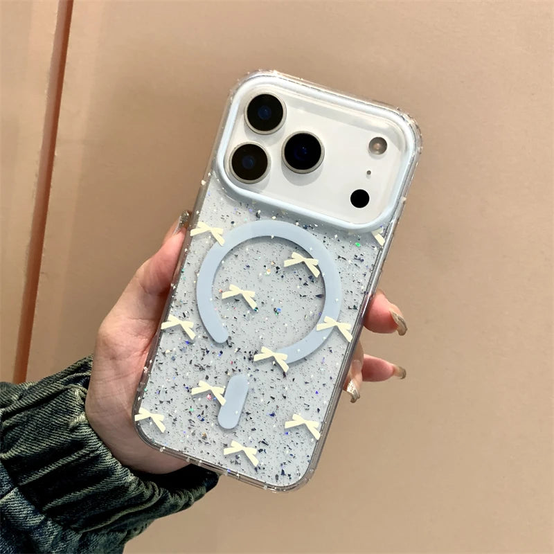 【ハートリングスタンド】Magsafe対応 ハート型 スタンド付き グリッター×リボン柄 スマホケース|iPhone対応 #250310