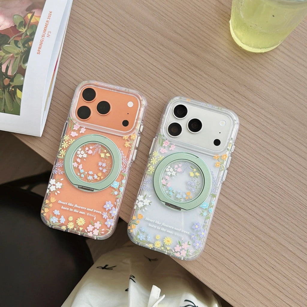 フラワークリア× 360 ° 回転 折りたたみリング ナチュラルデザイン Magnet対応 iPhoneケース #231113