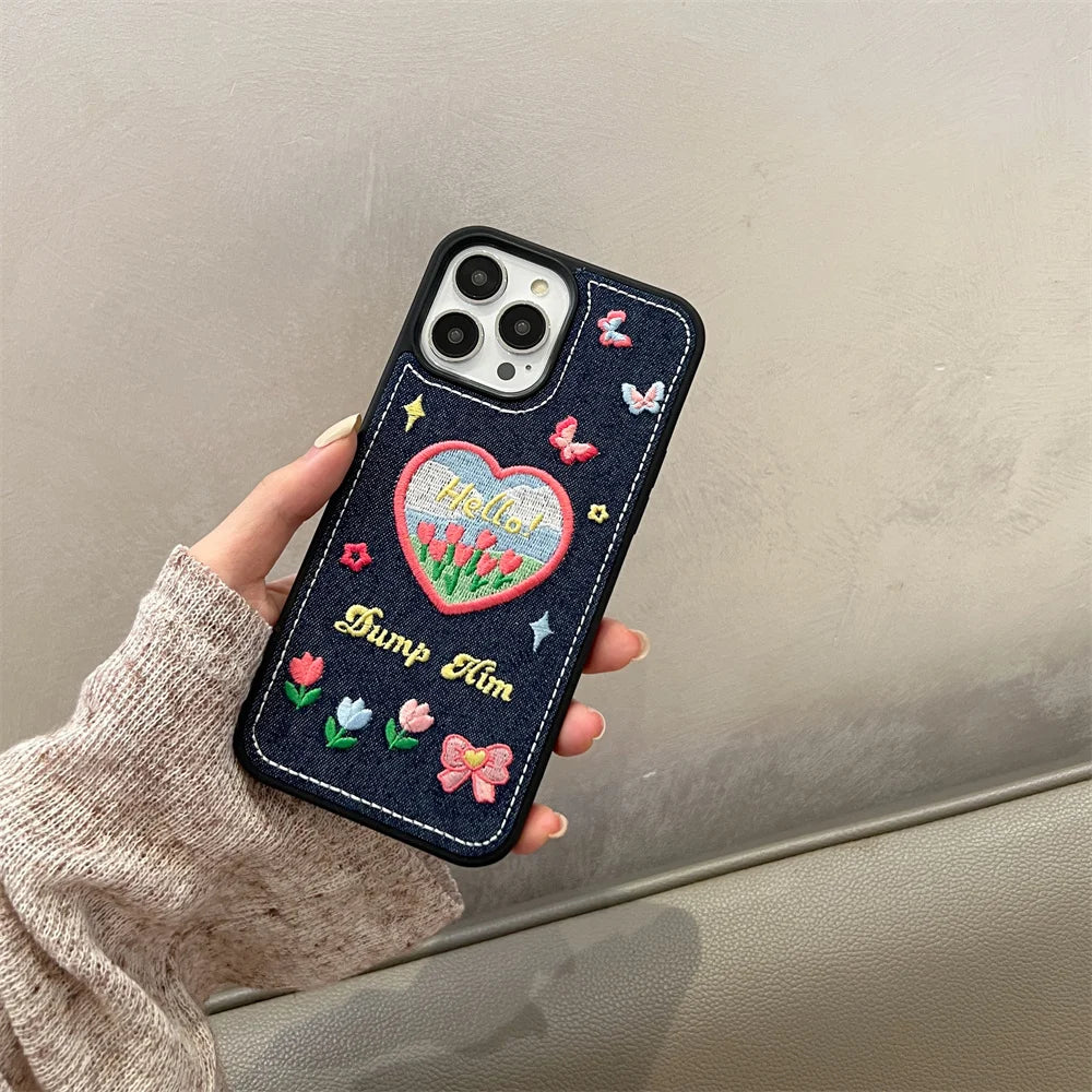 【デニム刺繍デザインスマホケース】ハート&バタフライ|iPhone対応 #250811
