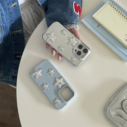 【スターシルバー】メタリック 星柄 × デニムスマホケース|iPhone対応 #250129