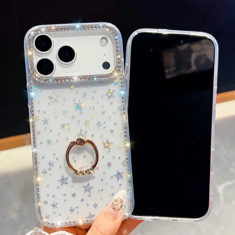 【グリッターシリーズ】輝くホログラムスター キラキラストーン付き リング付きスマホケース|iPhone対応 #251010