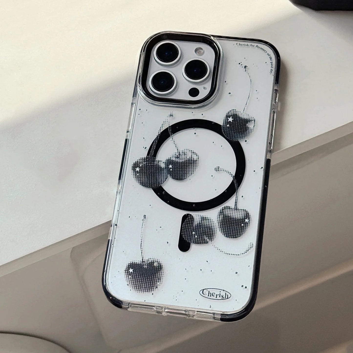 【Magnet対応】ブラックチェリー × 透明フレームケース|iPhone対応 #240827