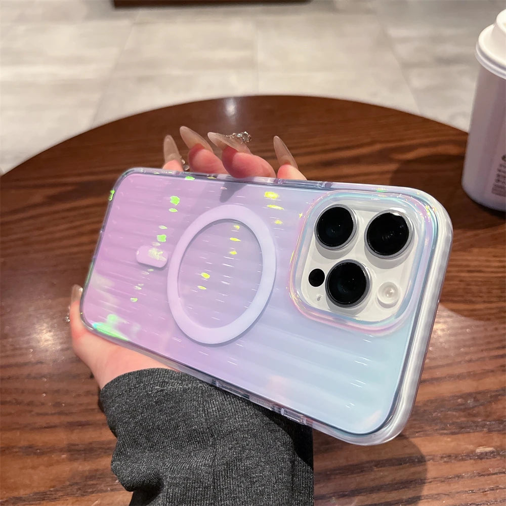 【ワイヤレス充電対応シリーズ】オーロラグラデーション 光沢リブ加工 スマホケース|iPhone対応 #250831