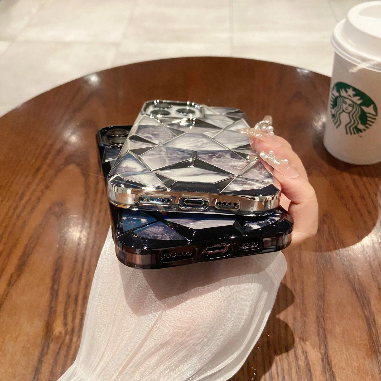 【ジェムカットアート】立体ジオメトリック × マーブルパネルデザイン スマホケース|iPhone対応 #250603